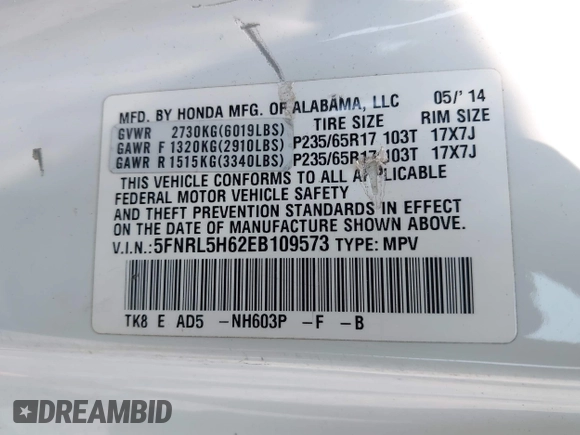 2014 Honda Odyssey EX-L with VIN 5FNRL5H62EB109573, listed as a IAAI auction lot 42387637 with 208,061 mi miles and . Bid and sale history available at DreamBid. Image 9.