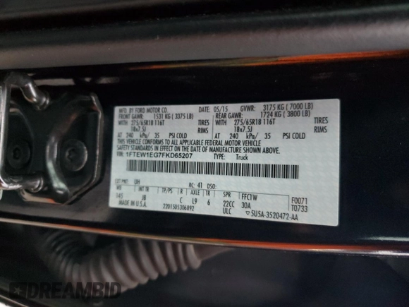 2015 Ford F-150 XLT z VIN 1FTEW1EG7FKD65207, wystawiony jako Copart lot #78259034 z przebiegiem 139 614 mil mil oraz Szkoda całkowita • Salvage title. Historia ofert i sprzedaży dostępna na DreamBid. Obrazek 12.