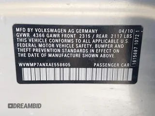 2010 Volkswagen CC Sport with VIN WVWMP7ANXAE558605, listed as a IAAI auction lot 41855410 with 175,307 mi miles and . Bid and sale history available at DreamBid. Image 9.