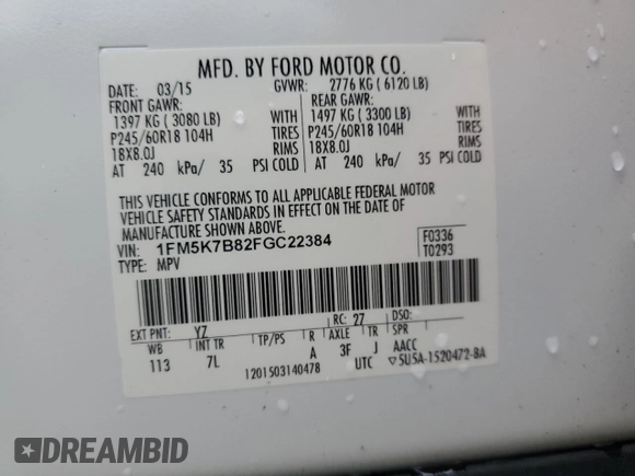 2015 Ford Explorer with VIN 1FM5K7B82FGC22384, listed as a Copart auction lot 52562705 with 203,450 mi miles and Salvage Title. Bid and sale history available at DreamBid. Image 13.