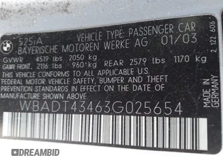 2003 BMW 5 Series 525iA with VIN WBADT43463G025654, listed as a IAAI auction lot 42152553 with 189,396 mi miles. Bid and sale history available at carsss.com. Image 9.