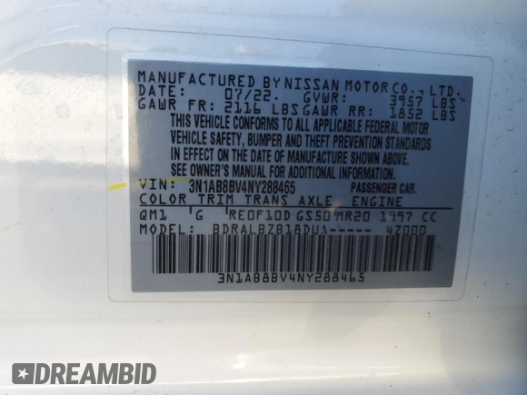 2022 Nissan Sentra S with VIN 3N1AB8BV4NY288465, listed as a Copart auction lot 49730625 with 41,233 mi miles and Salvage Title. Bid and sale history available at carsss.com. Image 14.
