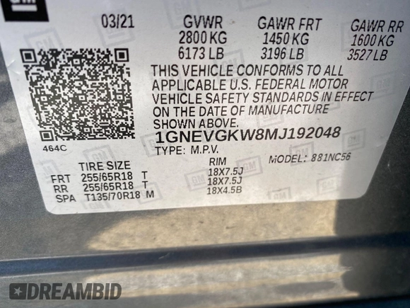 2021 Chevrolet Traverse LT Cloth z VIN 1GNEVGKW8MJ192048, wystawiony jako IAAI lot #42556137 z przebiegiem 106 304 mil mil oraz . Historia ofert i sprzedaży dostępna na DreamBid. Obrazek 3.