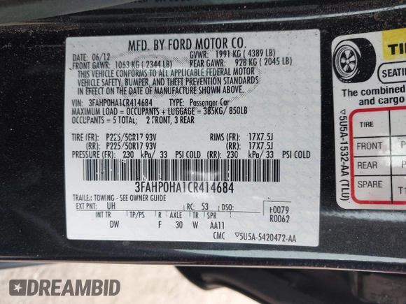 2012 Ford Fusion SE with VIN 3FAHP0HA1CR414684, listed as a IAAI auction lot 42613412 with 108,154 mi miles and . Bid and sale history available at DreamBid. Image 9.