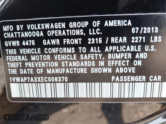 2014 Volkswagen Passat S with VIN 1VWAP7A3XEC008370, listed as a IAAI auction lot 42316448 with 93,309 mi miles and . Bid and sale history available at DreamBid. Image 9.