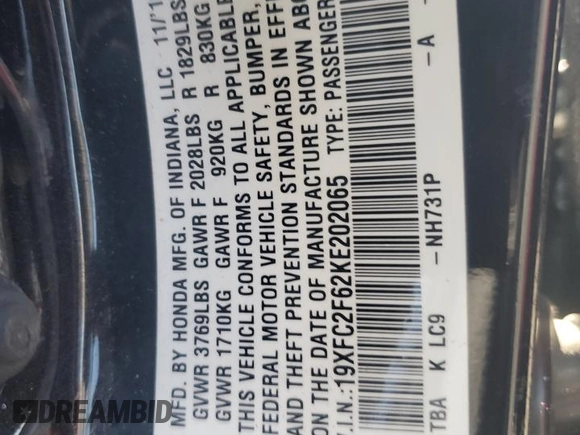 2019 Honda Civic LX with VIN 19XFC2F62KE202065, listed as a Copart auction lot 51545845 with Not Provided miles and Salvage Title. Bid and sale history available at DreamBid. Image 12.