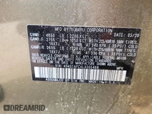 2020 Subaru Outback Touring с VIN 4S4BTAPC4L3205468, выставлен на аукционе Copart как лот 59840615 с пробегом Не указан миль и Списание • Salvage title. История ставок и продаж доступна на DreamBid. Изображение 13.