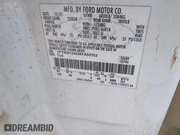 2006 Ford F-150 XLT with VIN 1FTRW12W36FA53763, listed as a IAAI auction lot 42468072 with 234,910 mi miles and . Bid and sale history available at DreamBid. Image 9.