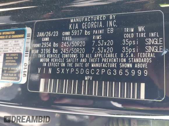 2023 Kia Telluride SX Prestige X-Pro with VIN 5XYP5DGC2PG365999, listed as a IAAI auction lot 41801800 with 38,088 mi miles and . Bid and sale history available at DreamBid. Image 9.