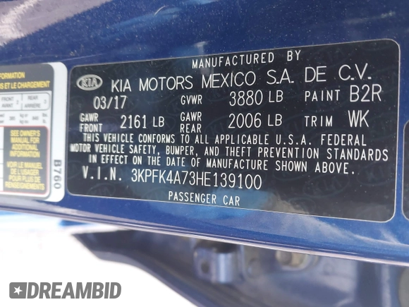 2017 Kia Forte LX with VIN 3KPFK4A73HE139100, listed as a IAAI auction lot 42112650 with 116,222 mi miles and . Bid and sale history available at carsss.com. Image 9.