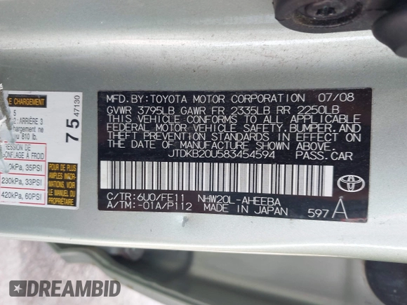 2008 Toyota Prius with VIN JTDKB20U583454594, listed as a IAAI auction lot 42531643 with 277,181 mi miles and . Bid and sale history available at DreamBid. Image 9.