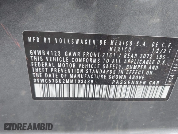 2021 Volkswagen Jetta S with VIN 3VWC57BU2MM103489, listed as a IAAI auction lot 42264290 with 72,078 mi miles and . Bid and sale history available at DreamBid. Image 9.