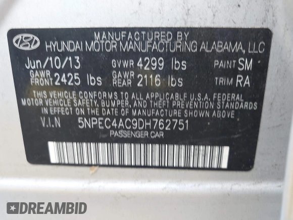2013 Hyundai Sonata Limited with VIN 5NPEC4AC9DH762751, listed as a IAAI auction lot 42261110 with 159,824 mi miles and . Bid and sale history available at DreamBid. Image 9.