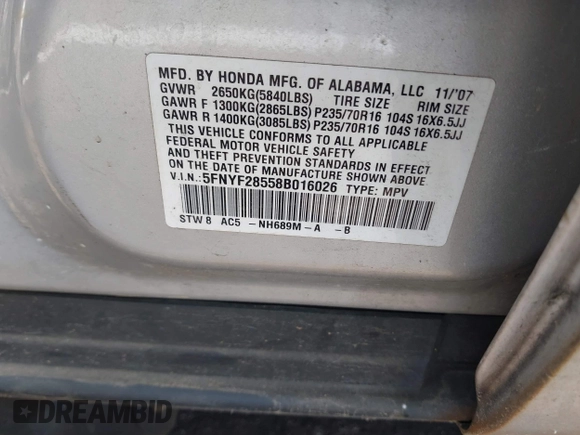 2008 Honda Pilot EX-L with VIN 5FNYF28558B016026, listed as a IAAI auction lot 42192781 with 271,829 mi miles and . Bid and sale history available at DreamBid. Image 9.