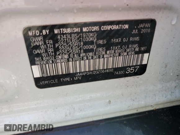 2016 Mitsubishi Outlander ES z VIN JA4AP3AU2GZ064690, wystawiony jako Copart lot #57950975 z przebiegiem Nie podano mil oraz Czysty tytuł • Clean title. Historia ofert i sprzedaży dostępna na DreamBid. Obrazek 12.