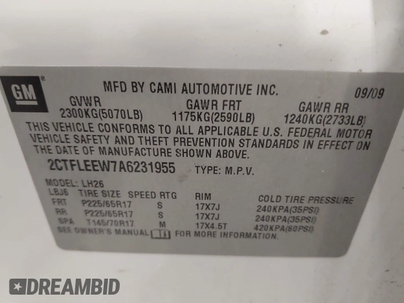 2010 GMC Terrain SLE-2 with VIN 2CTFLEEW7A6231955, listed as a IAAI auction lot 42089003 with 120,687 mi miles and . Bid and sale history available at DreamBid. Image 9.