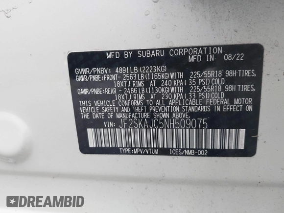 2022 Subaru Forester Sport with VIN JF2SKAJC5NH509075, listed as a IAAI auction lot 41977015 with 35,872 mi miles. Bid and sale history available at carsss.com. Image 9.