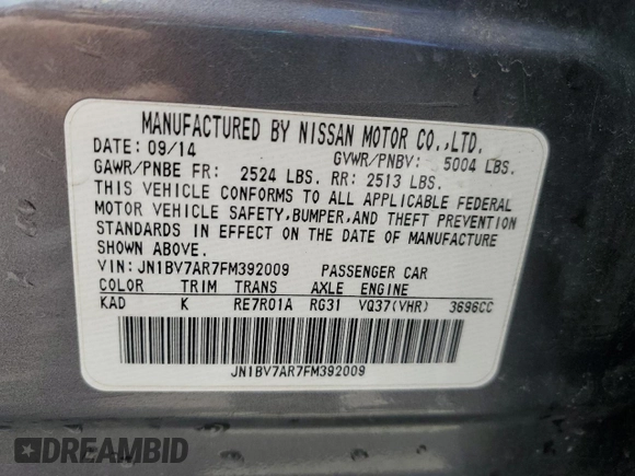 2015 Infiniti Q50 Premium with VIN JN1BV7AR7FM392009, listed as a Copart auction lot 55526505 with 110,884 mi miles and Salvage title. Bid and sale history available at DreamBid. Image 12.