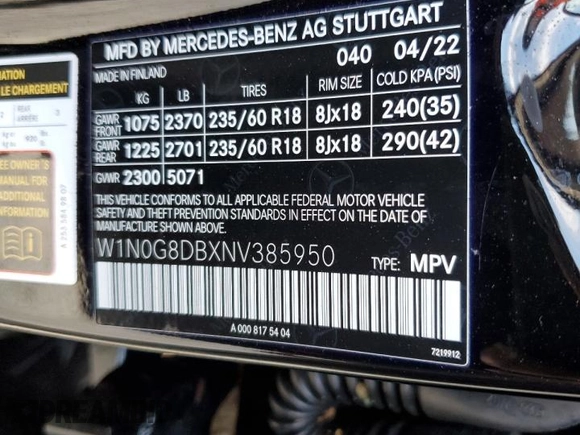 2022 Mercedes-Benz GLC with VIN W1N0G8DBXNV385950, listed as a Copart auction lot 62633152 with 0 mi miles. Bid and sale history available at carsss.com. Image 10.