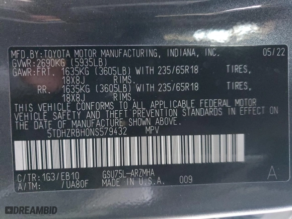 2022 Toyota Highlander XLE with VIN 5TDHZRBH0NS579432, listed as a Copart auction lot 77977004 with 18,770 mi miles and Clean Title. Bid and sale history available at carsss.com. Image 14.