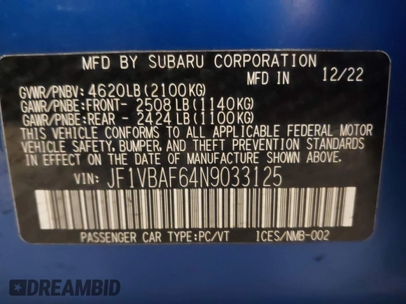 2022 Subaru WRX Premium with VIN JF1VBAF64N9033125, listed as a IAAI auction lot 41894038 with 20,847 mi miles and . Bid and sale history available at DreamBid. Image 9.