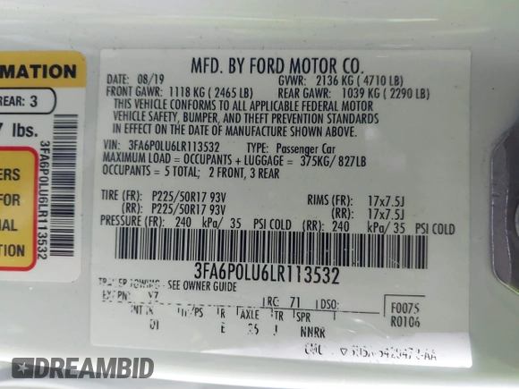 2020 Ford Fusion SE z VIN 3FA6P0LU6LR113532, wystawiony jako IAAI lot #41794966 z przebiegiem 50 128 mil mil oraz . Historia ofert i sprzedaży dostępna na DreamBid. Obrazek 9.