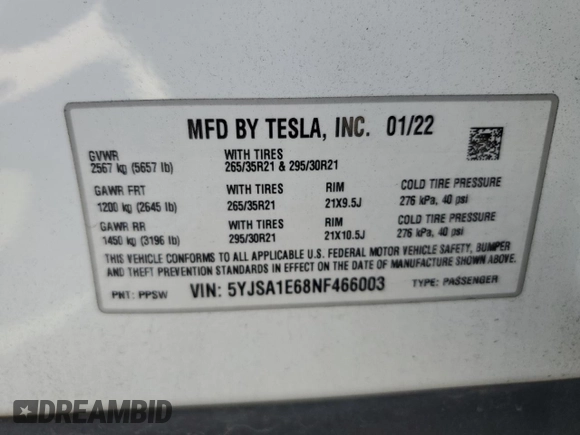 2022 Tesla Model S Plaid with VIN 5YJSA1E68NF466003, listed as a Copart auction lot 61717224 with Not provided miles and Salvage title. Bid and sale history available at DreamBid. Image 14.