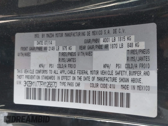 2015 Mazda Mazda3 i Touring with VIN 3MZBM1V77FM126870, listed as a IAAI auction lot 40547647 with 146,901 mi miles. Bid and sale history available at carsss.com. Image 9.