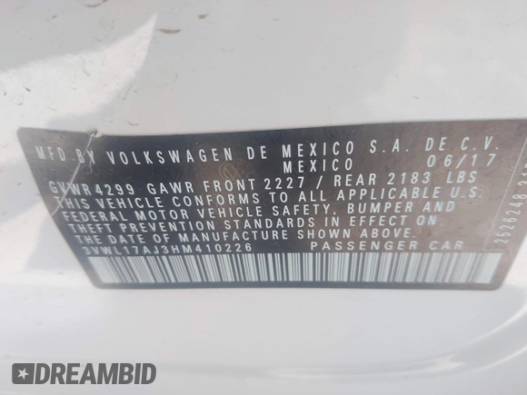 2017 Volkswagen Jetta SEL with VIN 3VWL17AJ3HM410226, listed as a IAAI auction lot 41379536 with 58,448 mi miles and . Bid and sale history available at DreamBid. Image 9.