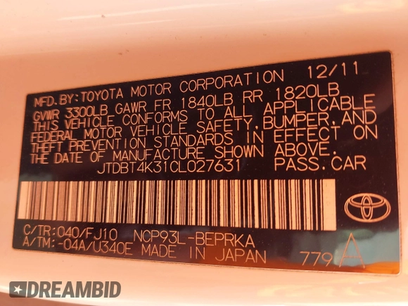2012 Toyota Yaris with VIN JTDBT4K31CL027631, listed as a IAAI auction lot 41799191 with Not Provided miles and . Bid and sale history available at DreamBid. Image 9.