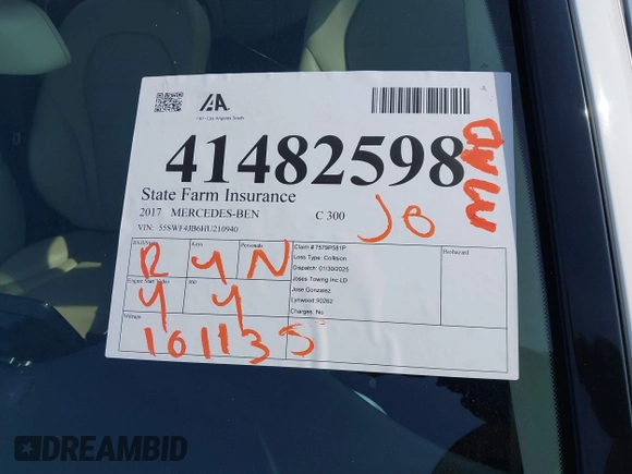 2017 Mercedes-Benz C 300 with VIN 55SWF4JB6HU210940, listed as a IAAI auction lot 41482598 with 101,135 mi miles and . Bid and sale history available at DreamBid. Image 16.