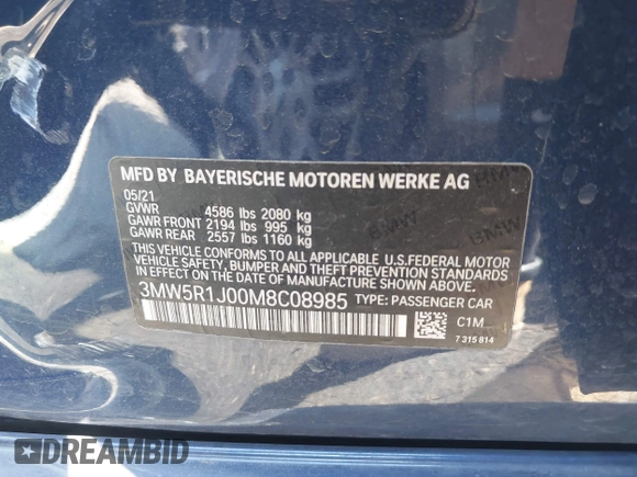 2021 BMW 3 Series 330i z VIN 3MW5R1J00M8C08985, wystawiony jako IAAI lot #41977683 z przebiegiem 34 640 mil mil oraz . Historia ofert i sprzedaży dostępna na DreamBid. Obrazek 9.