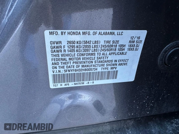 2017 Honda Pilot EX with VIN 5FNYF6H32HB005734, listed as a Copart auction lot 43256325 with 192,849 mi miles and Clean Title. Bid and sale history available at DreamBid. Image 10.