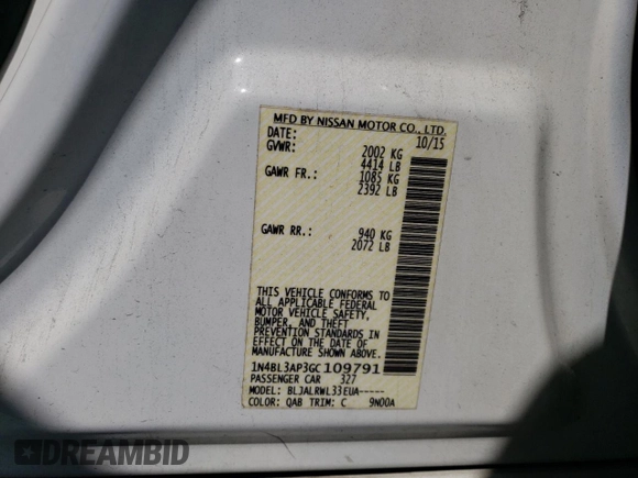 2016 Nissan Altima SR with VIN 1N4BL3AP3GC109791, listed as a Copart auction lot 46516695 with 131,690 mi miles and Salvage title. Bid and sale history available at DreamBid. Image 12.