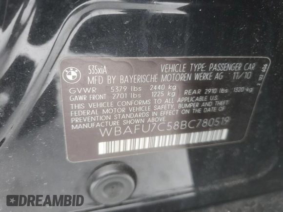 2011 BMW 5 Series 535i xDrive with VIN WBAFU7C58BC780519, listed as a Copart auction lot 44511155 with Not Provided miles and Salvage Title. Bid and sale history available at carsss.com. Image 15.