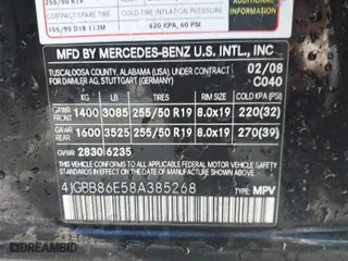 2008 Mercedes-Benz M-Class 3.5L with VIN 4JGBB86E58A385268, listed as a IAAI auction lot 41761101 with 109,184 mi miles. Bid and sale history available at carsss.com. Image 9.