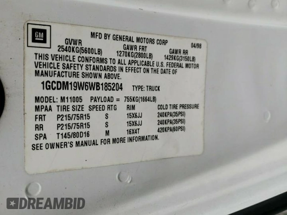 1998 Chevrolet Astro Cargo z VIN 1GCDM19W6WB185204, wystawiony jako Copart lot #72199484 z przebiegiem 97 262 mil mil oraz Szkoda całkowita • Salvage title. Historia ofert i sprzedaży dostępna na DreamBid. Obrazek 15.
