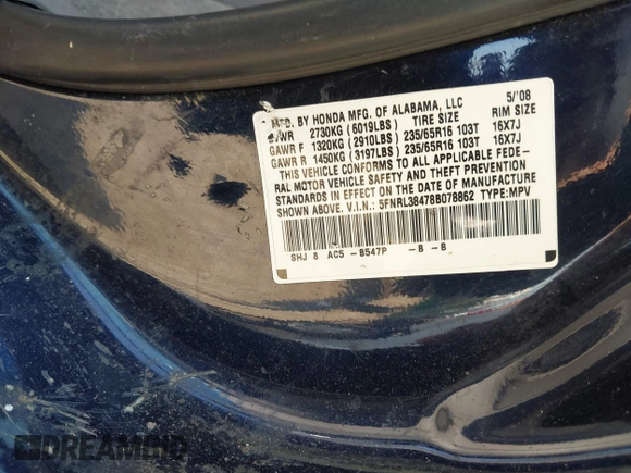 2008 Honda Odyssey EX with VIN 5FNRL38478B078862, listed as a IAAI auction lot 40090252 with 184,583 mi miles. Bid and sale history available at carsss.com. Image 9.