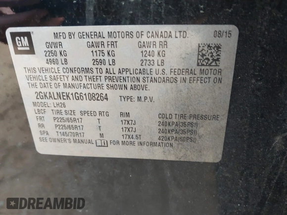 2016 GMC Terrain SLE with VIN 2GKALNEK1G6108264, listed as a IAAI auction lot 41414293 with 139,166 mi miles. Bid and sale history available at carsss.com. Image 9.