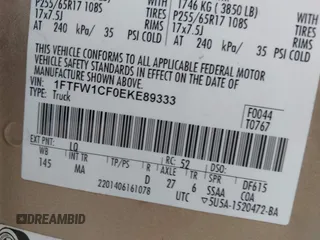 2014 Ford F-150 XL with VIN 1FTFW1CF0EKE89333, listed as a IAAI auction lot 42576436 with 222,029 mi miles and . Bid and sale history available at DreamBid. Image 9.