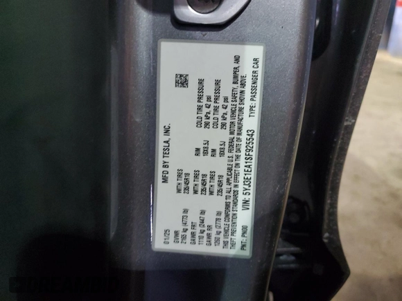 2025 Tesla Model 3 Long Range with VIN 5YJ3E1EA1SF925543, listed as a Copart auction lot 43796445 with 260 mi miles and Salvage Title. Bid and sale history available at DreamBid. Image 14.