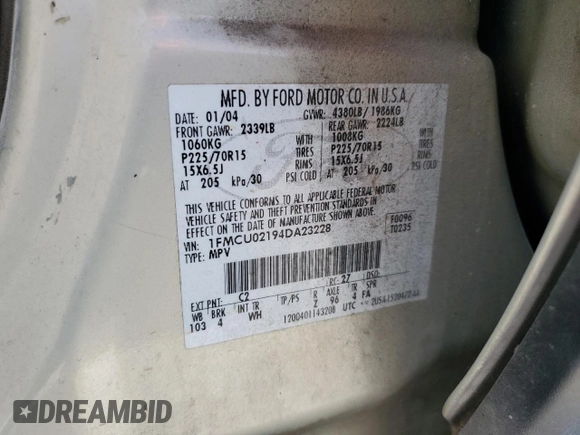 2004 Ford Escape with VIN 1FMCU02194DA23228, listed as a Copart auction lot 72161464 with 167,233 mi miles and Salvage title. Bid and sale history available at DreamBid. Image 13.
