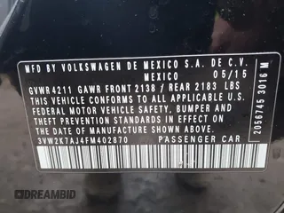 2015 Volkswagen Jetta S с VIN 3VW2K7AJ4FM402870, выставлен на аукционе IAAI как лот 41447931 с пробегом 85 006 миль миль и . История ставок и продаж доступна на DreamBid. Изображение 9.