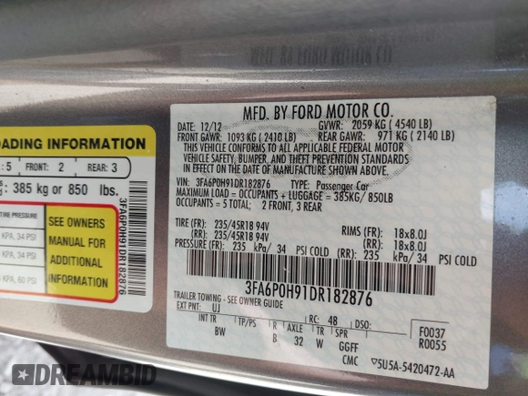 2013 Ford Fusion SE with VIN 3FA6P0H91DR182876, listed as a IAAI auction lot 42614390 with 153,884 mi miles and . Bid and sale history available at DreamBid. Image 9.