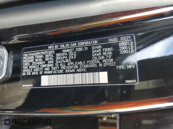 2021 Volvo XC90 Momentum with VIN YV4A22PK7M1753975, listed as a Copart auction lot 39497413 with 20,696 mi miles. Bid and sale history available at carsss.com. Image 13.
