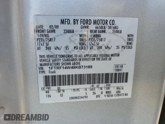 2009 Ford F-150 XL с VIN 1FTRF14W49KB73189, выставлен на аукционе Copart как лот 83101434 с пробегом 159 639 миль миль и Списание • Salvage title. История ставок и продаж доступна на DreamBid. Изображение 12.