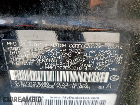 2014 Lexus IS 250 with VIN JTHBF1D27E5031814, listed as a Copart auction lot 58411275 with 134,491 mi miles and Salvage title. Bid and sale history available at DreamBid. Image 12.