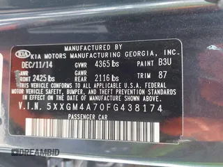 2015 Kia Optima LX with VIN 5XXGM4A70FG438174, listed as a IAAI auction lot 42267399 with 132,406 mi miles and . Bid and sale history available at DreamBid. Image 9.