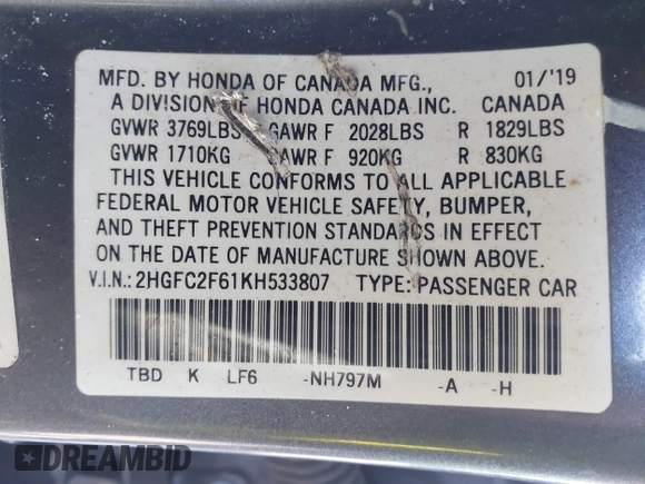 2019 Honda Civic Sedan LX with VIN 2HGFC2F61KH533807, listed as a IAAI auction lot 41564512 with 190,994 mi miles. Bid and sale history available at carsss.com. Image 9.
