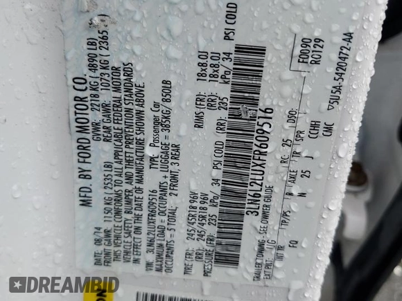 2015 Lincoln MKZ Hybrid with VIN 3LN6L2LUXFR609516, listed as a Copart auction lot 57986625 with 110,268 mi miles and Salvage title. Bid and sale history available at DreamBid. Image 13.